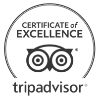 A TripAdvisor &ldquo;Certificate of Excellence&rdquo; badge with a circular emblem and target/eye icon.