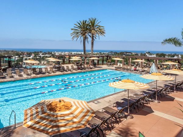 A sunny hotel pool area with lounge chairs, yellow striped umbrellas, palm trees, and a clear blue sky by the ocean in the distance.