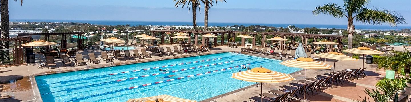 A sunny hotel pool area with lounge chairs, umbrellas, palm trees, and a clear blue sky overlooking the sea.